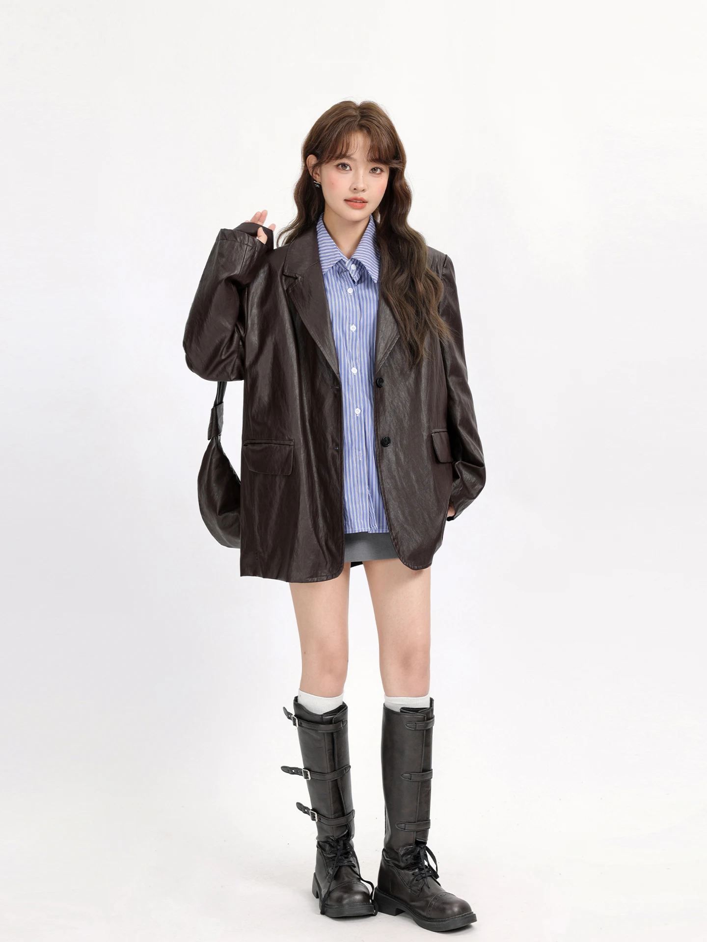 เสื้อแจ็คเก็ตหนัง PU สไตล์ไบค์เกอร์สำหรับผู้หญิง รุ่น Ele Vintage Lazy Sle ทรงหลวม ช่วยให้ดูผอมเพรียว เหมาะสำหรับฤดูใบไม้ร่วง แฟชั่นลำลองใหม่ล่าสุด