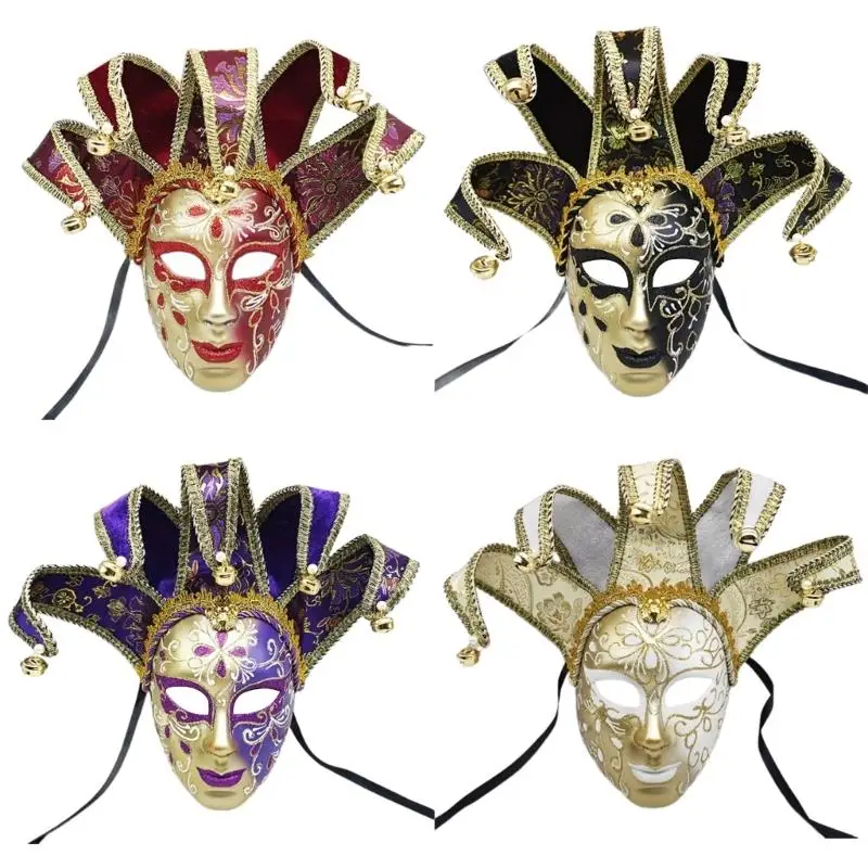 

652F Masked Ball Full Face Mask With Bells Mask Comedy Mask for Women Men Masked Ball Proms Halloween Costume Accsessory
