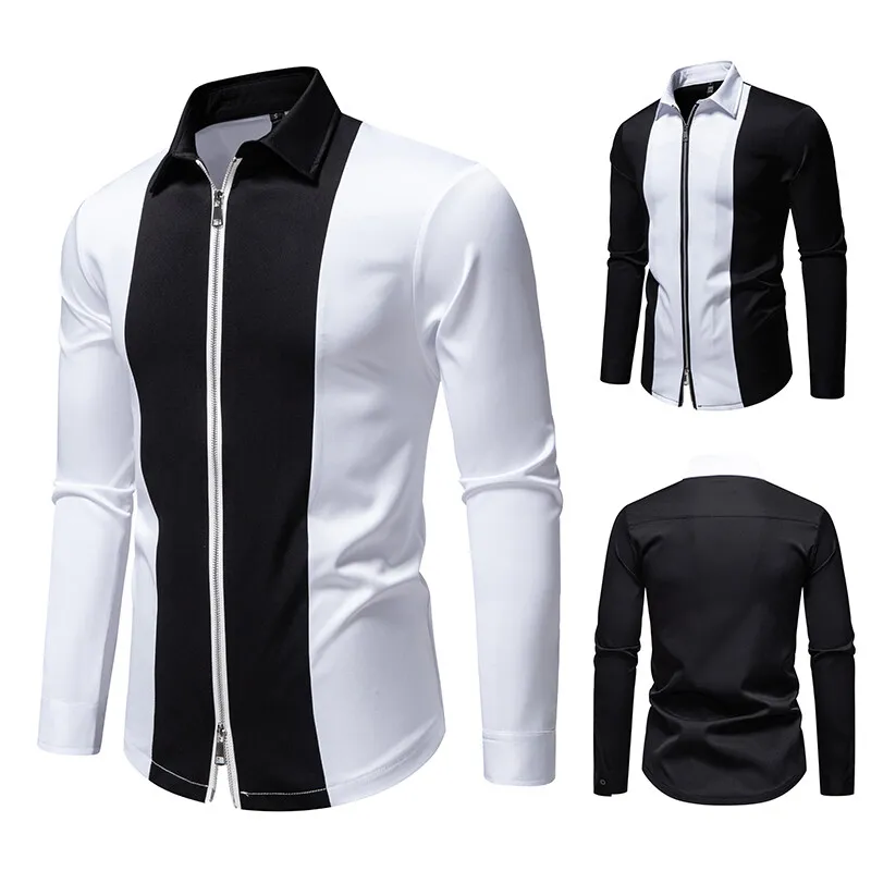 Zipper Designer Black White Patchwork Shirts for Men Streetwear Clothing Long Sleeve Punk Victorian Gothic Clothes Mens Shirt