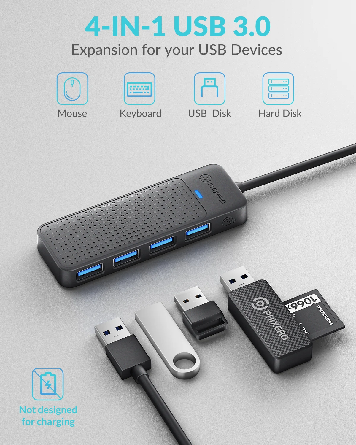 PHIXERO USB 3.0 Splitter 4 Port HUB Docking Station Multi Interface Supports Windows, Mac OS, Linux systems