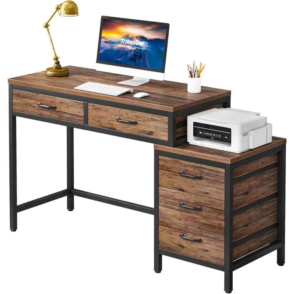 

Home Office Industrial PC Desk with 5 Drawers, Reversible Cabinet and Printer Stand
