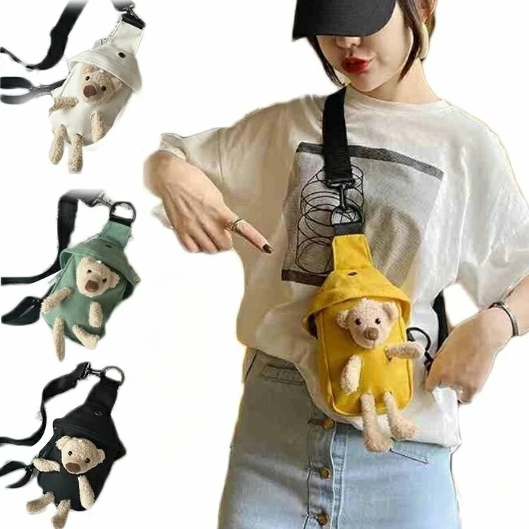 Cute Bear Sling Backpack Small Backpack for Boy Girl Kawaii Lightweight Canvas Travel Bag with Adjustable Shoulder Strap Zipper