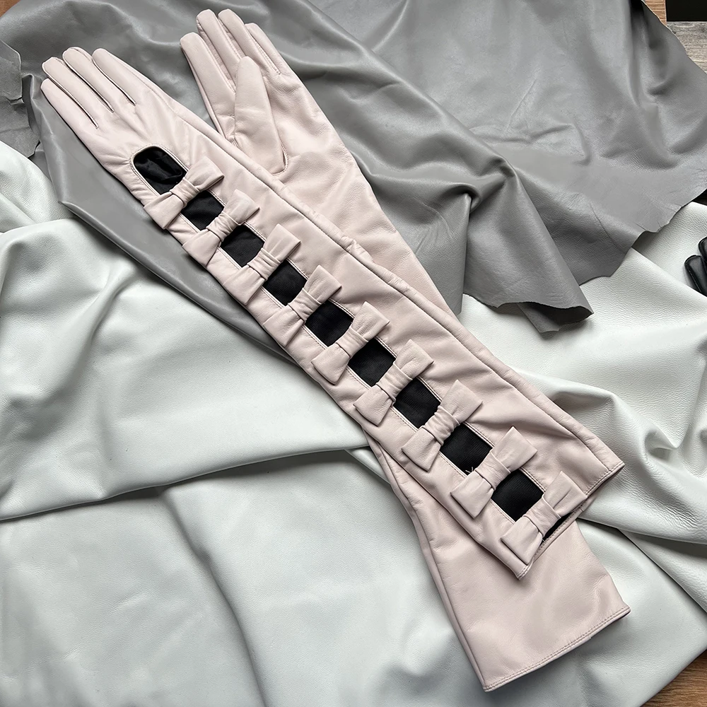 

Ladies' Genuine Leather Gloves Women's Elegant Bow Long Gloves Water Pink Elbow Gloves Evening Gown Accessories