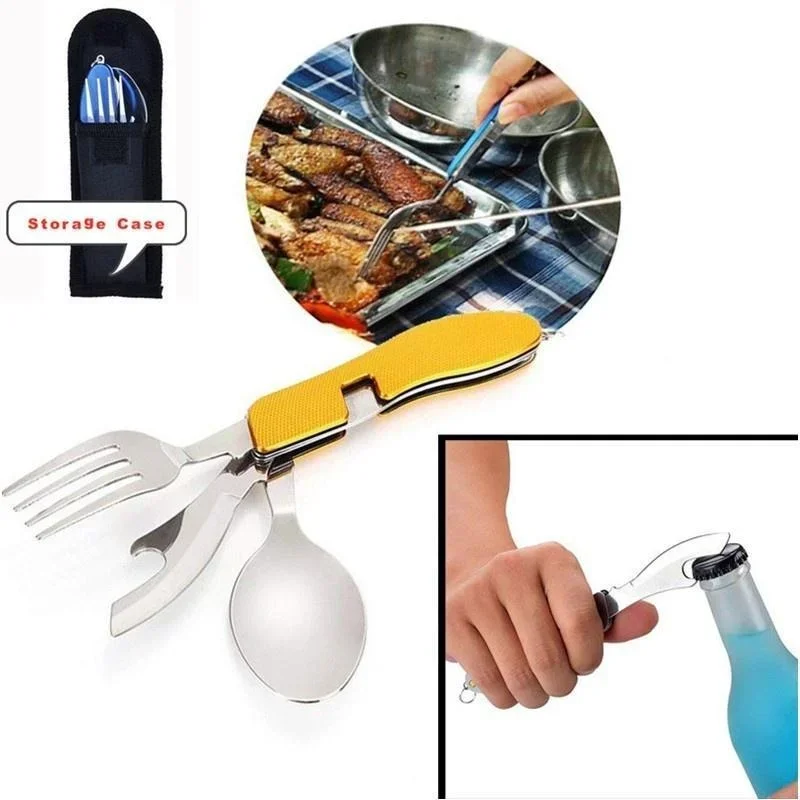 4 in 1 Camping Utensils Cutlery - Camping Stainless Steel Folding Pocket Kits for Hiking Survival Camping Travel