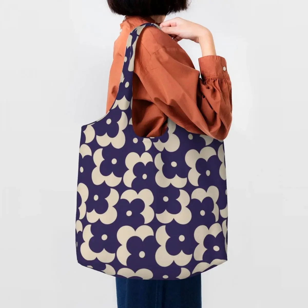 Custom Flower Shadow Dot Navy Canvas Shopping Bags Women Recycling Large Capacity Grocery Orla Kiely Tote Shopper Bag Handbags