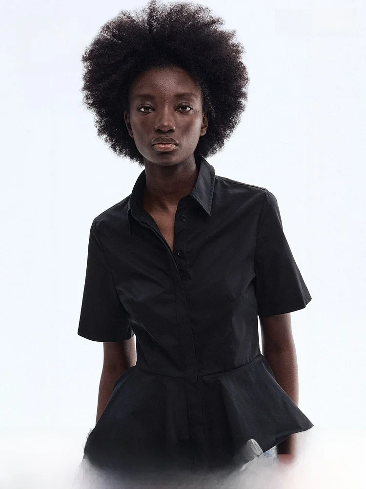 

Spring New Women's irt Sle Hem Skirt Cotton Pure ort Sve Casual Fit Button Design Turn-down Collar H&M 326470