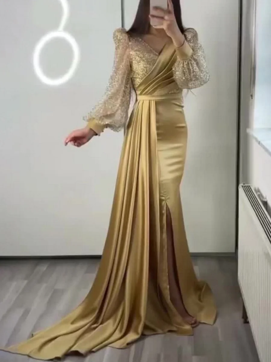 Vestido de fiesta largo con cuello en V para mujer, traje de fiesta elegante con escote en V y diseño de sirena abertura larga Arabia Saudita, mangas esponjosas