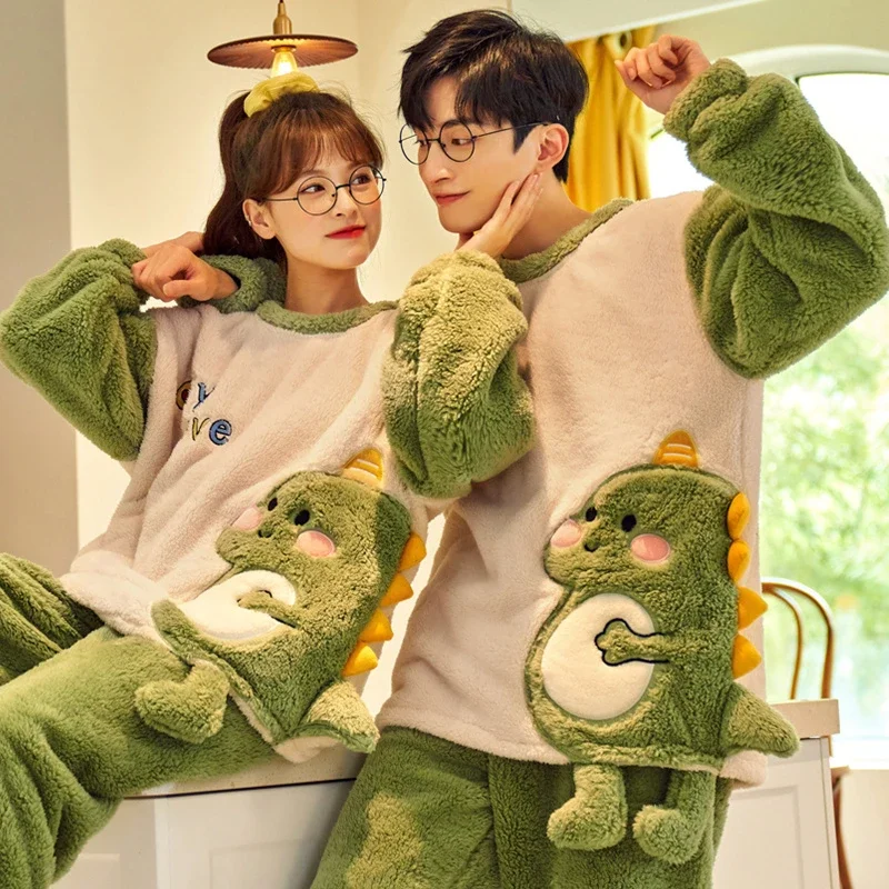 Winter Thicken Couples Pajamas Suit Women Men Cartoon dinosaur Pijamas Sets Sleepwear Soft Warm Korean  Pyjama  Femme Lovers Set