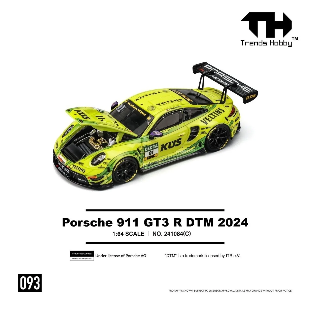 TrendsHobby 1:64 Porsche 911 GT3 R DTM 2024 Grello Painting Thomas Preining Alloy Die Cast Car Model Collection Gift