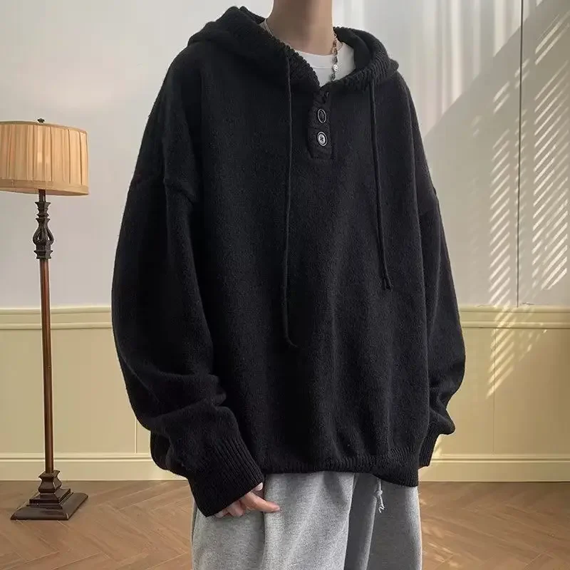 Hooded Sweater Men Autumn and Winter Japanese Vintage Lazy Style Coat Loose Oversize Wearing Hat Knit Sweater Heavy Duty Top