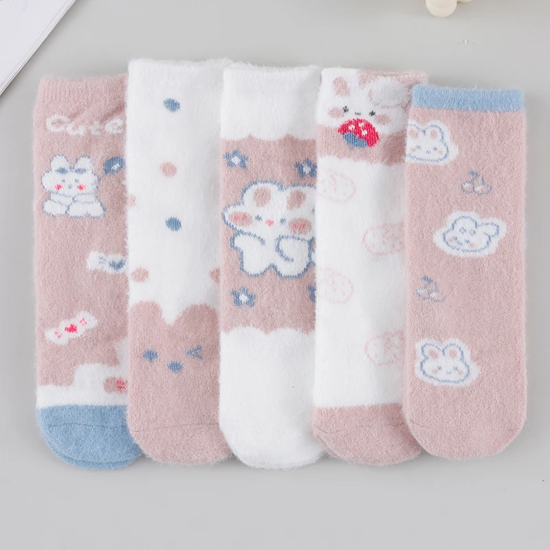 1/3/5/10 Pairs Random Women Autumn Winter Cute Soft Cartoon Letter Pattern Thick Fleece Warm Mink Fleece Mid‑Calf Socks