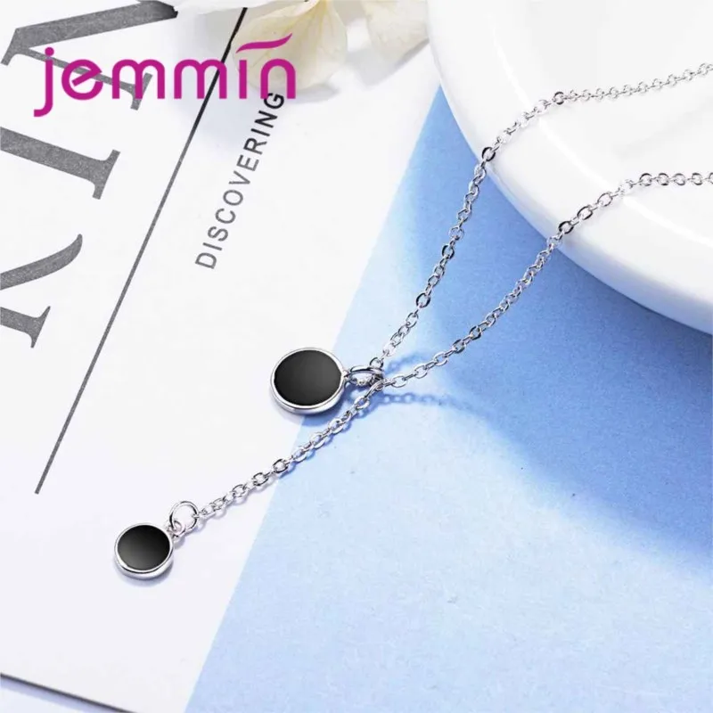 New Fashion 925 Sterling Silver Women Dangle Pendant Necklace Round Black Rhinestone Silver Long Necklace Big Promotion