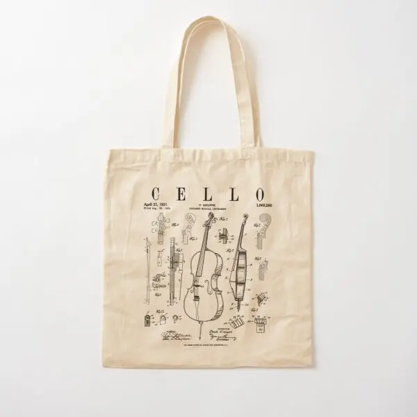 Cello Vintage Patent Cellist Drawing Pri  Canvas Bag Fashion Casual Women Handbag Fabric Travel Designer Reusable Tote Unisex