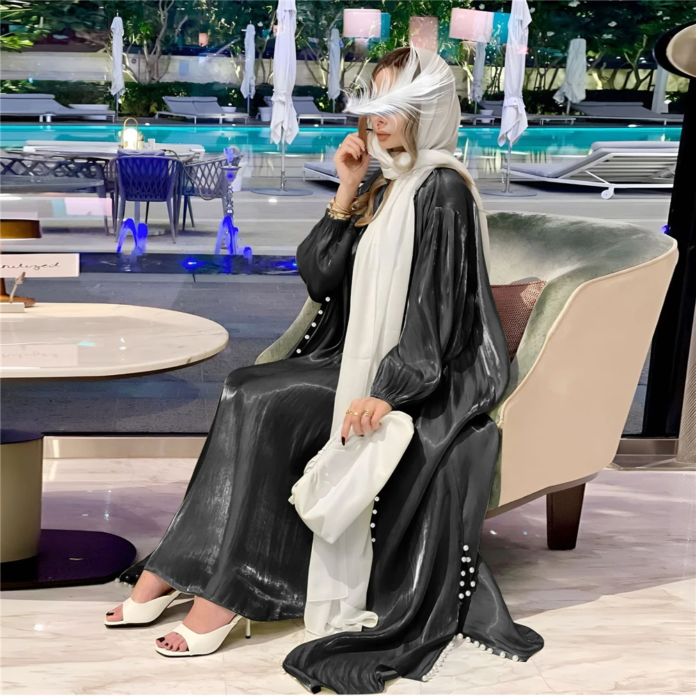 Shiny Satin Elegant Women Muslim Open Abaya 2 Piece Set Kimono Beads Maxi Dress Dubai Turkey Ramadan Robes Gown Modest Clothing