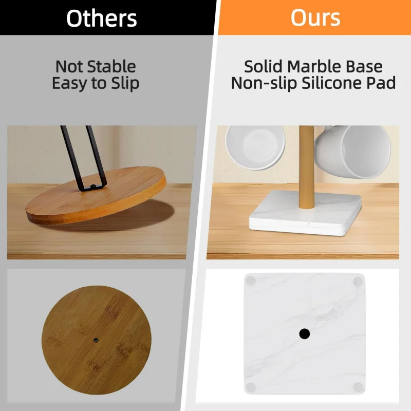 Wood Mug Holder, Marble Base Cup Rack Tree, Stand Hanger, Kitchen Coffee Countertop Tea Cups