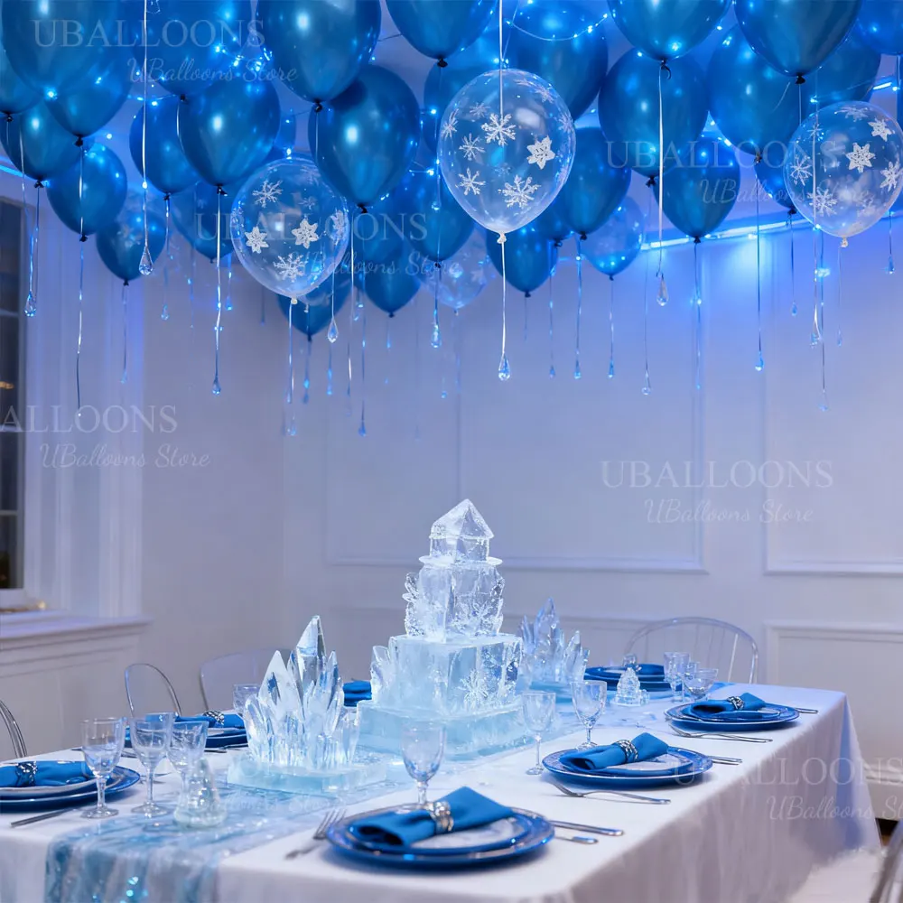20/40 Stück Schneeflocken-blaue Luftballons, 30,5 cm, metallisch, blau, transparent, Schneeflocken-Luftballons für Geburtstag, Schnee, Babyparty, Weihnachtsdekoration – Detail 6