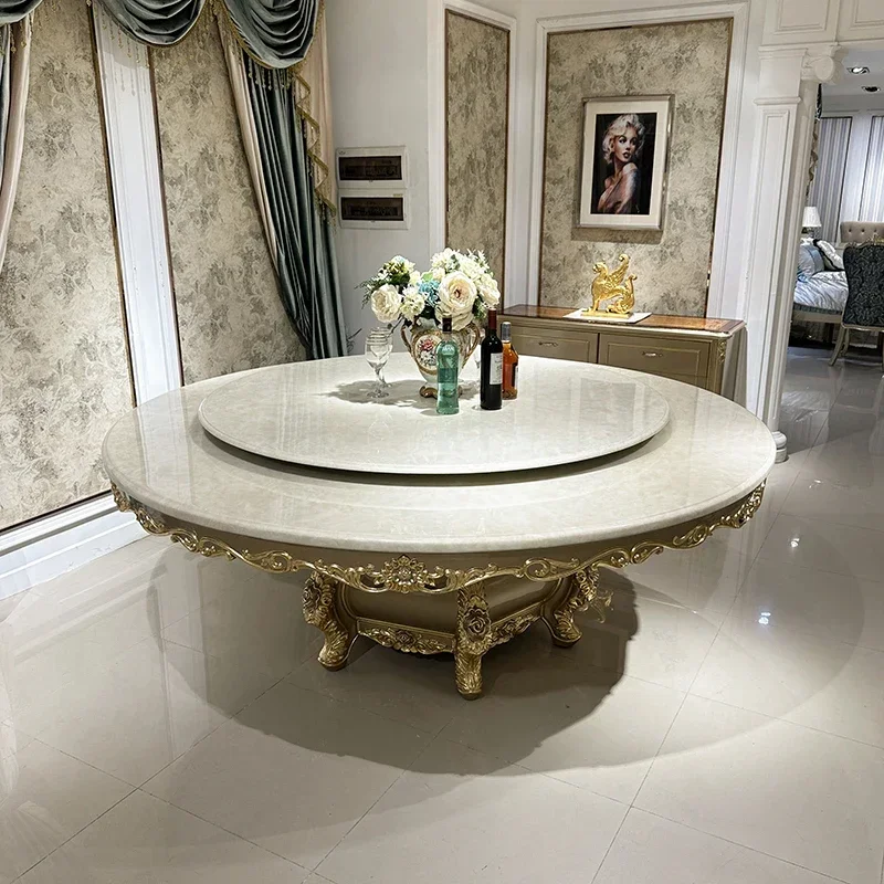 

A38 French marble dining table and chair combination, European luxury round dining table with electric turntable