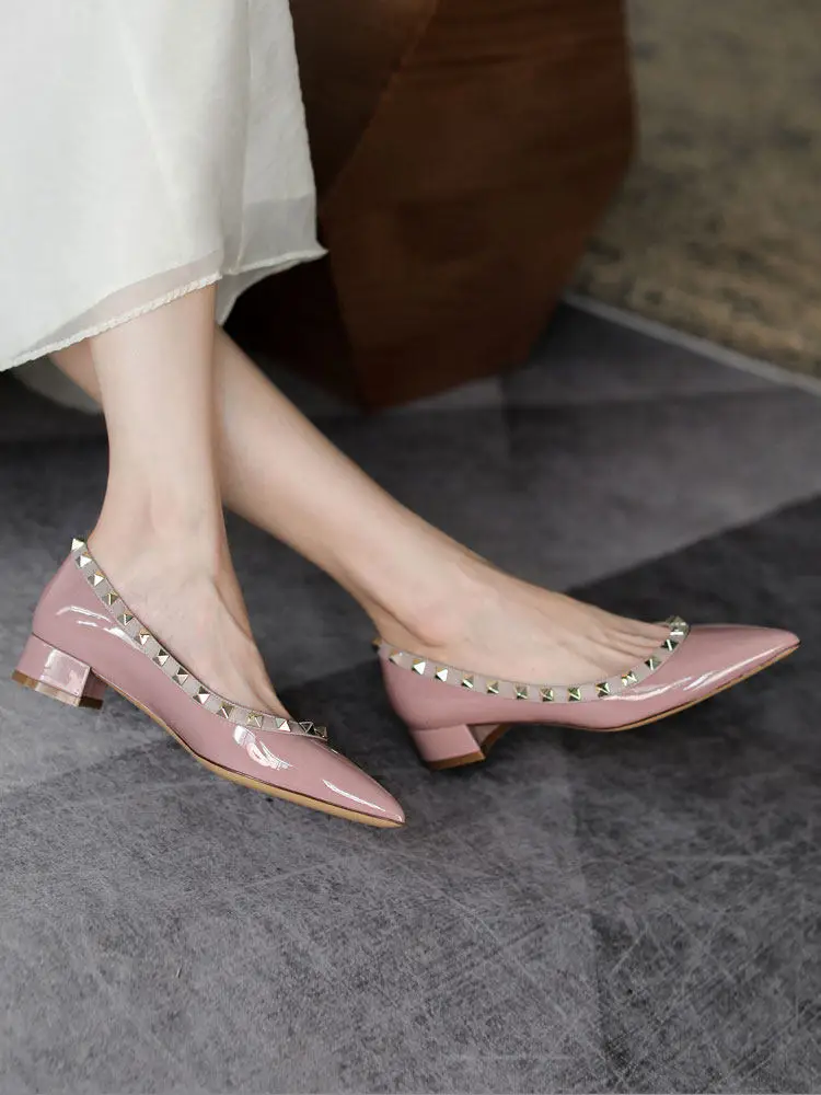 Nude Women Shoes Leather Luxury Brand Rivets High Heels Shoes Designer Pumps Pointed toe Casual Squar Heel Prom Ladies Shoes