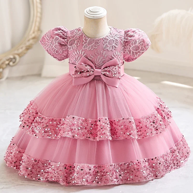 Vestido de princesa con lazo de lentejuelas para niños pequeños, vestido de pompadour de manga corta abullonada, vestido de flores para Niños # M7606