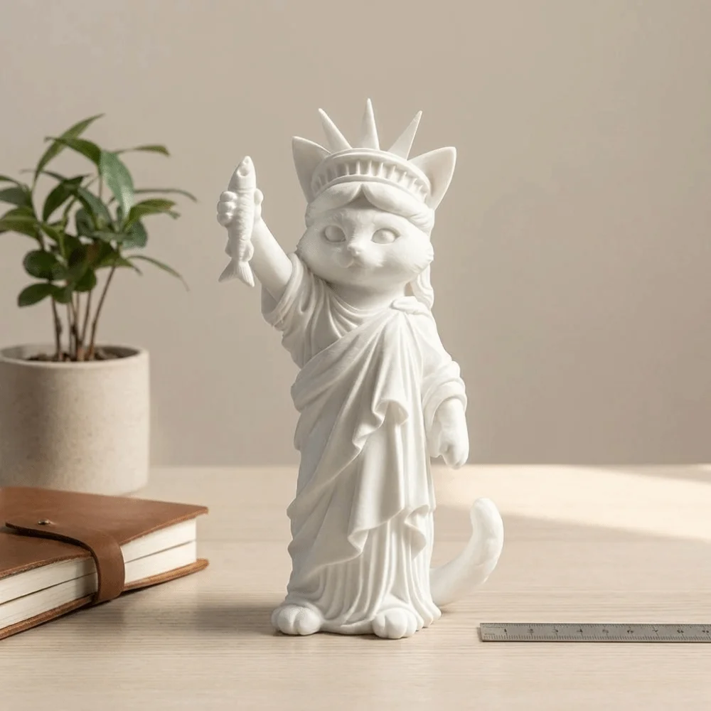 Novelty 3D Printed Liberty Cat Statue Creative Funny Fish Holding Cat Figurine Plastic Cat Statue Office