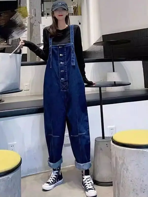 

Slimming Vintage Denim Overalls for Women Spring Autumn plus Size Faionable Agel Design Comfortable Fit Pants