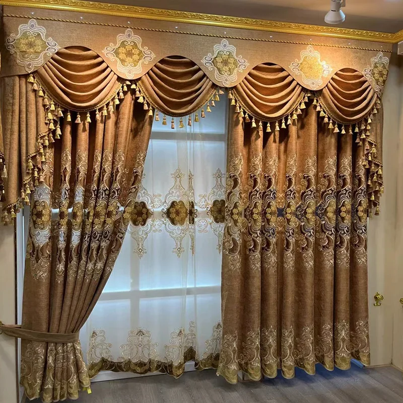 

Custom Size Embroidered Luxury Curtains for Living Room Bedroom Blackout Dining Tulle Openwork Chenille Valance Elegant Coffee