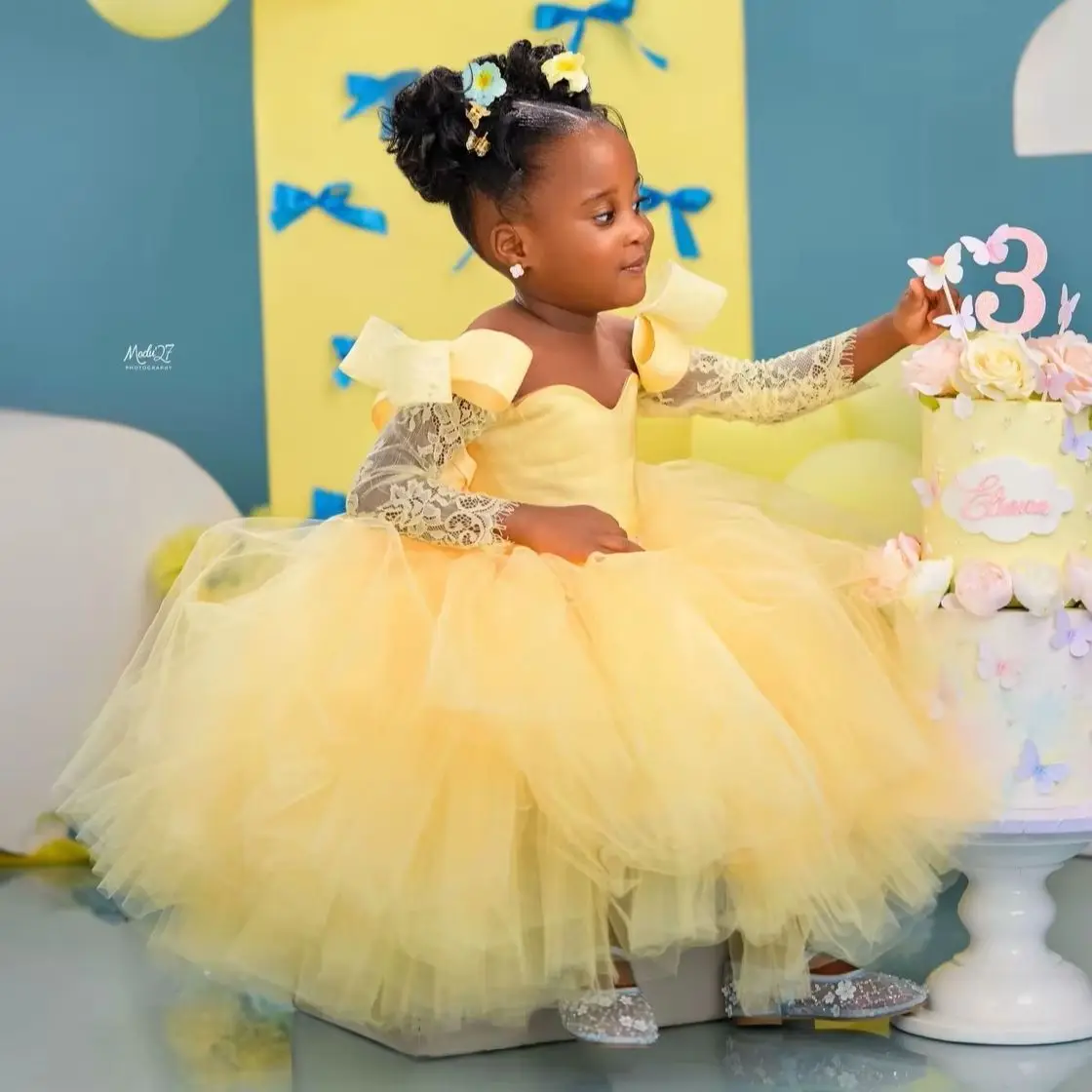 

Customized Yellow Flower Girl Dress Wedding Gown Illusion Neck Birthday Party Pageant Dress Ball Gown For Baby Girls فساتين بنات