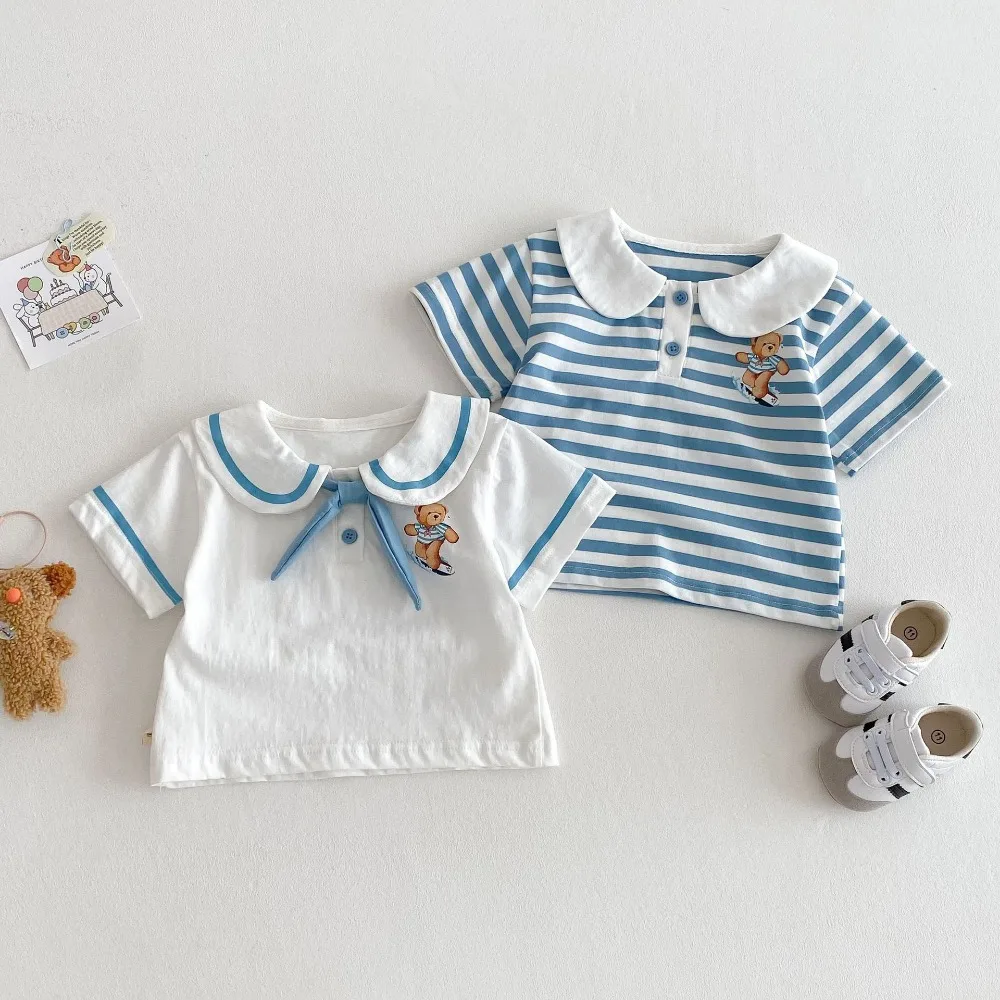Boy Navy Collar Shirt Tops+Shorts Bottom 2PCS Girls Skirts Suit Outfits 0-6Y 2025 Summer Children Clothing Set Poppy Style Kids