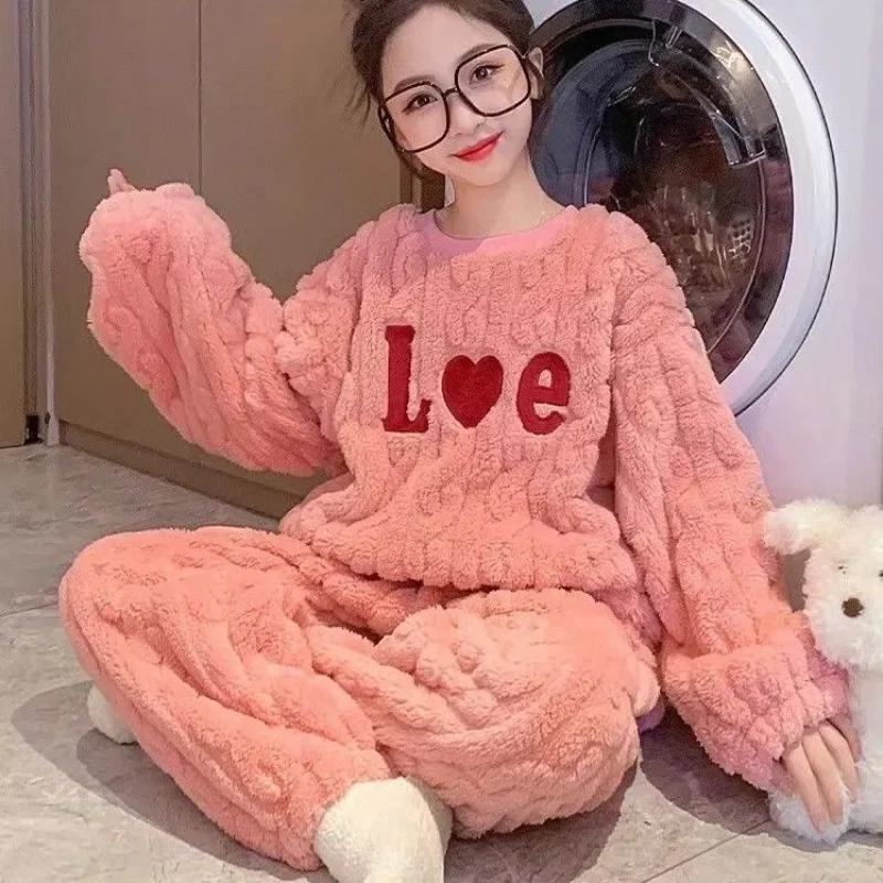 Kids Coral Fleece Pajamas Set for Girls Thermal Insulated Winter Warmth Home Wear Outwear Plus Size 120-140cm