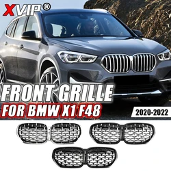 BMW X1 F48 LCI 2020-2022 교체 용 광택 블랙 듀얼 슬레이트 어퍼 그릴 용 XVIP 실버 다이아몬드 스타일 전면 신장 레이싱 그릴