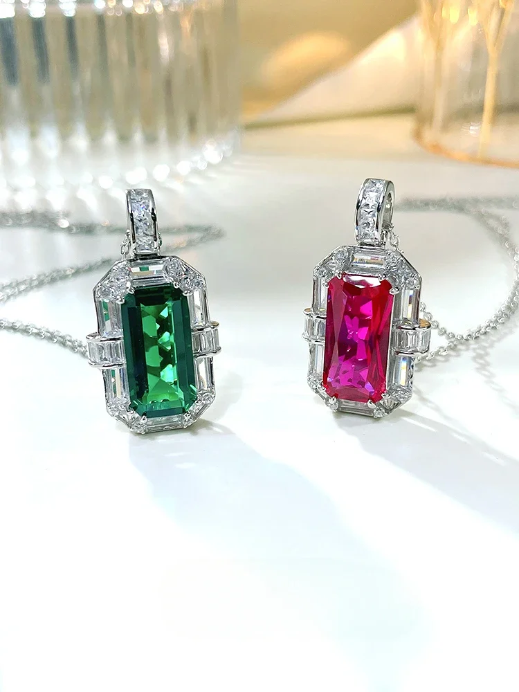 

Versatile 925 Silver Rectangle Colored Treasure Pendant Set, High Carbon Diamond Jade Grand Banquet Style