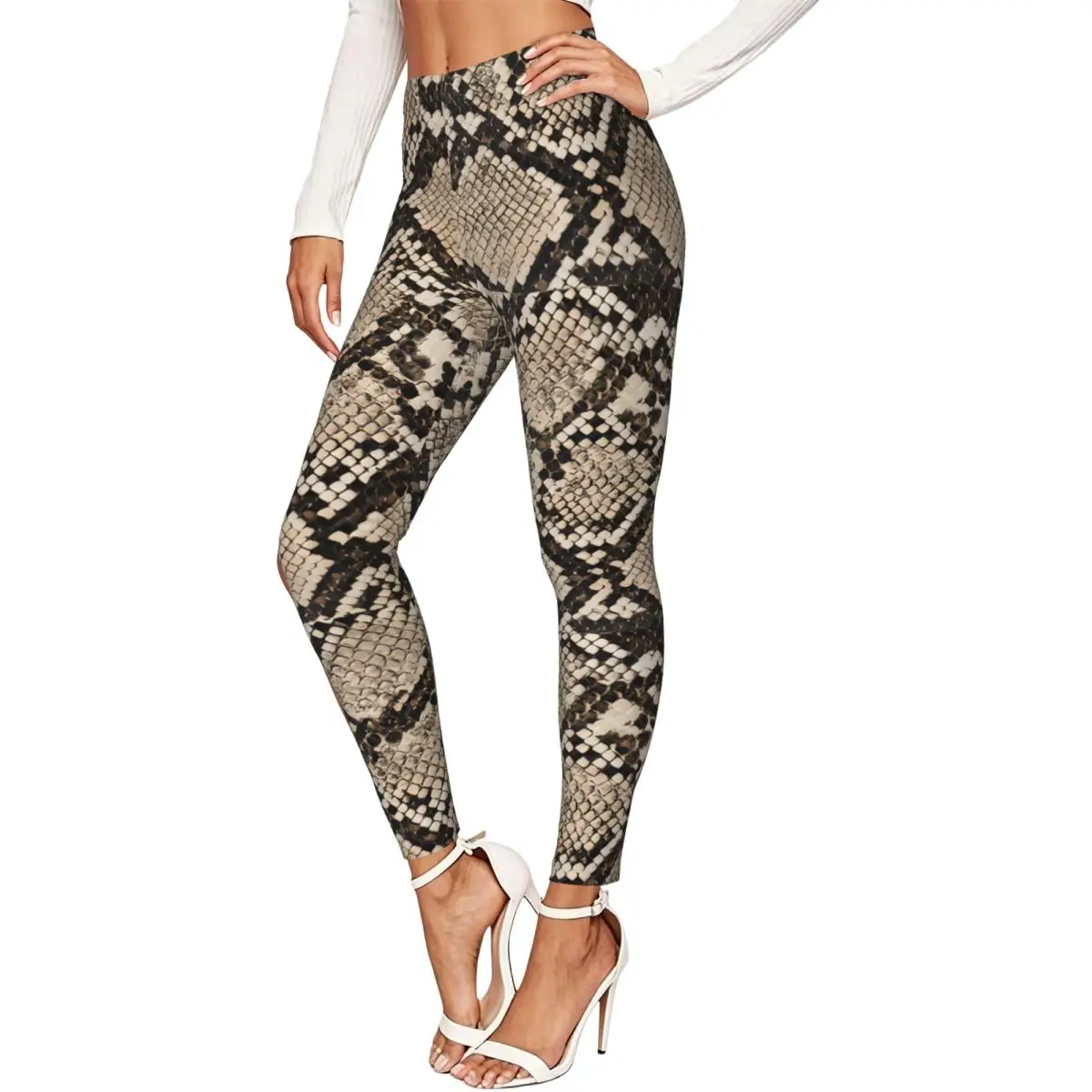 Women Full Length Elastic Leggings High Waist Tight Pants Snake Skin Texture Casual Bottoms