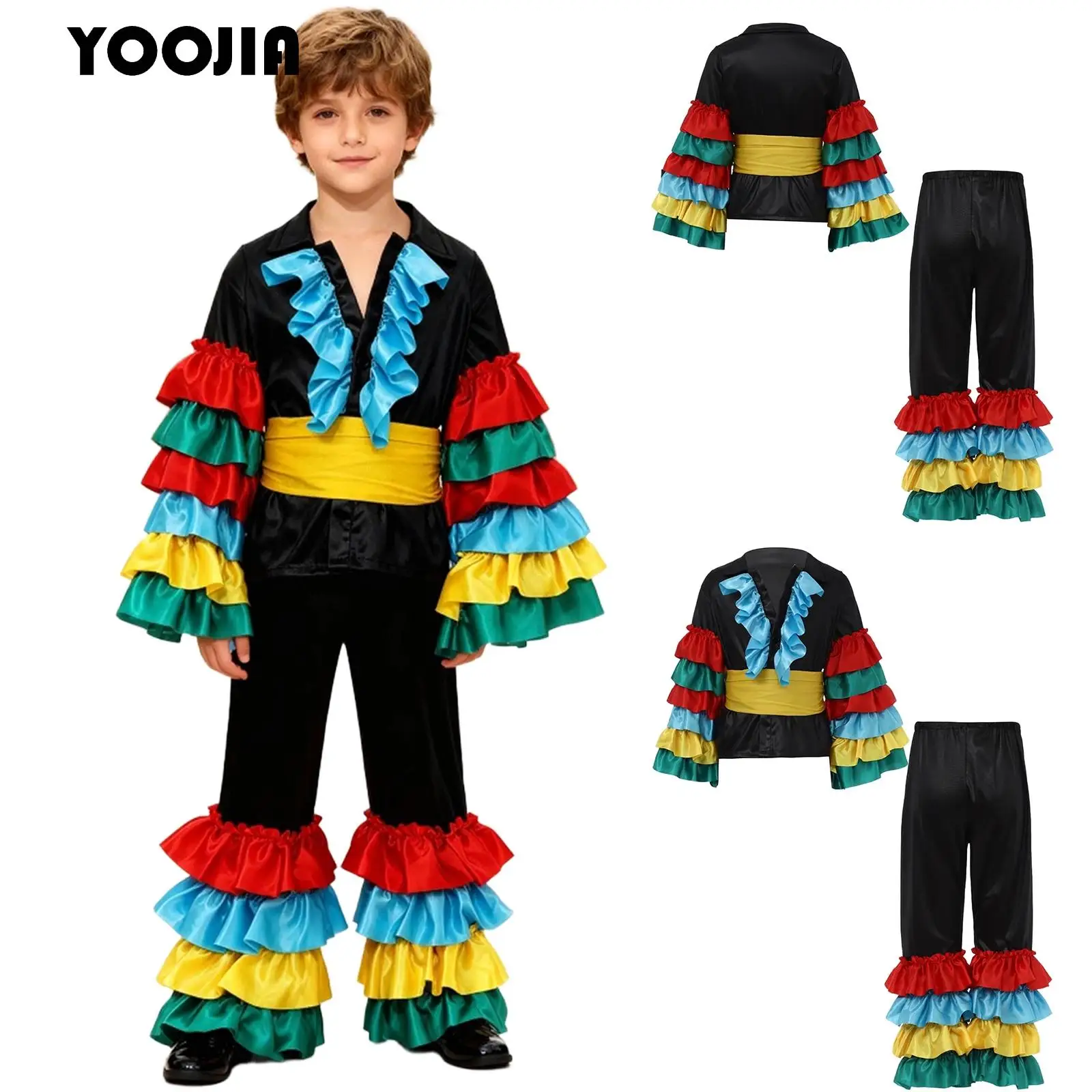 Brazilian Dancer Boy Spanish Flamenco Mexican Outfit Rumba Samba Performance Costume Layered Ruffled Sleeve Top +Pants Waistbelt