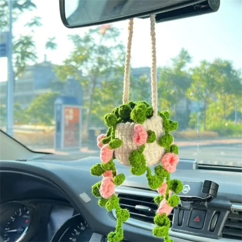 

Handmade Potted Plants Crochet Car Basket Hanging Plant Crochet for Car Decor Car Ornament Rear View Mirror Hanging Accessories