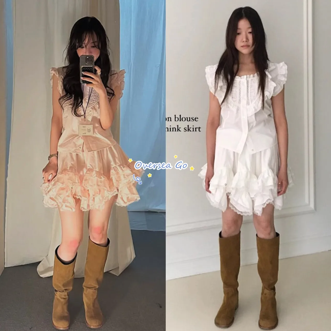 

Fletta 2025 New Sweet Bubble Sleeve Lace Cake Skirt Two-Piece Set Women's Cotton Shirt Short Sleeve round Neck Pure Color UV ...