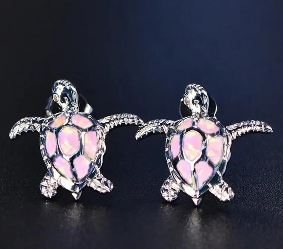 Colorful Sea Turtle Ladies Fashion Stud Earrings Faux Blue Fire Opal Screw  Cute Women Wedding Rings Custom Jewelry