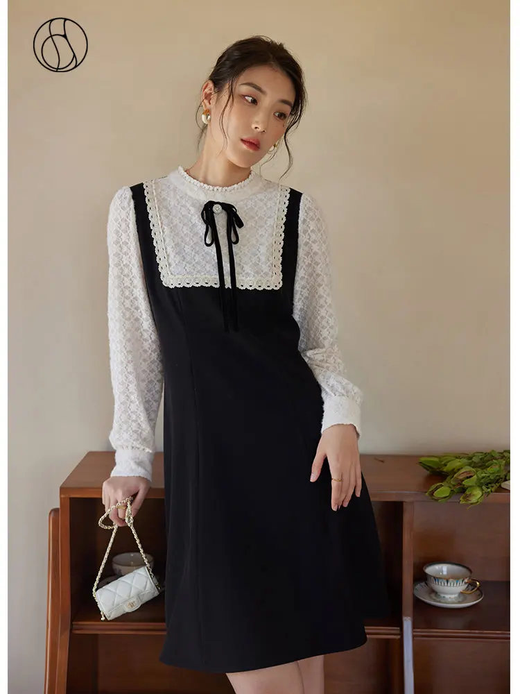 

DUSHU French Romantic Color Contrast Dress Women 2022 Winter New High Waist Slim Inner Skirt Female Fake Two Piece Lace Dress