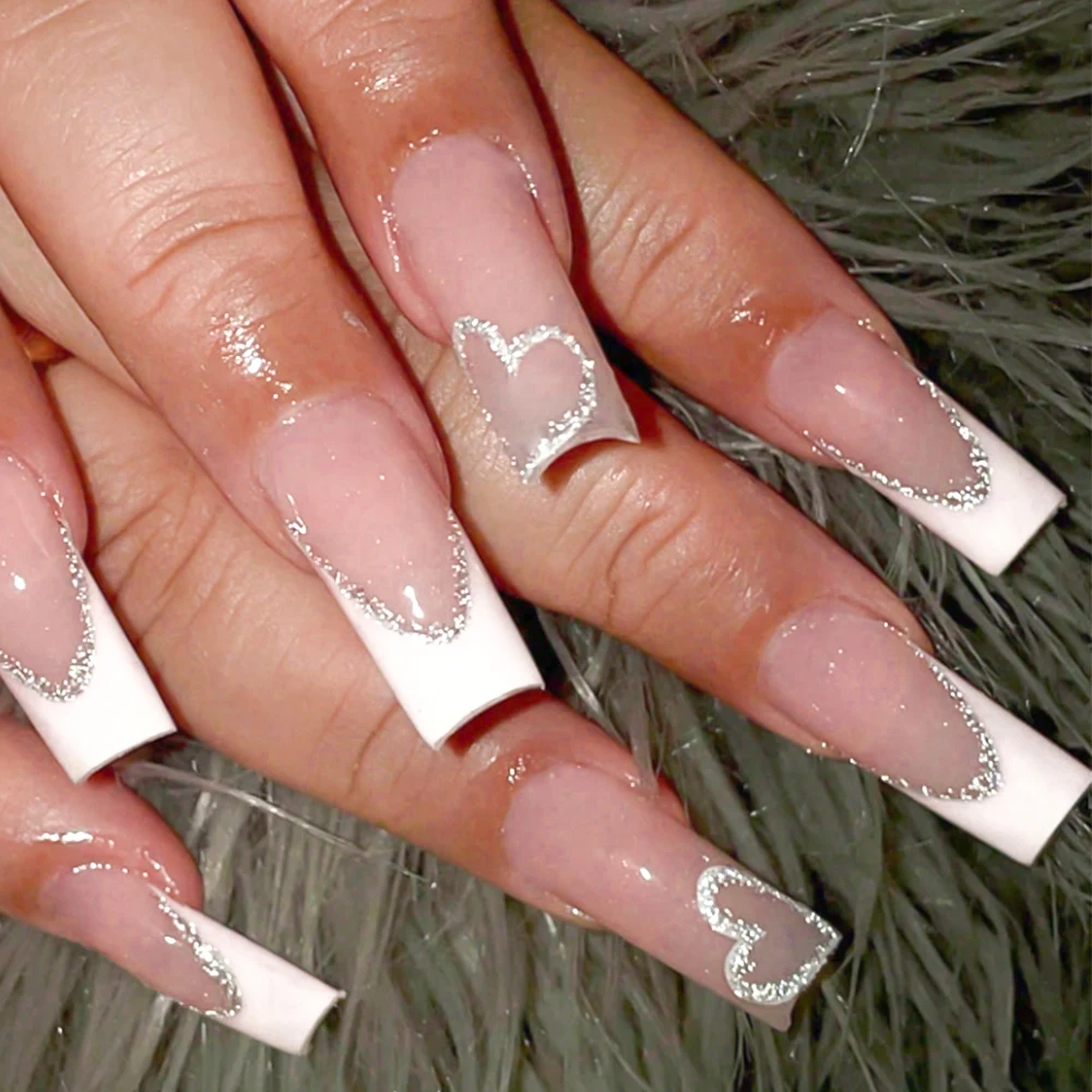 

24 Pcs Long Coffin French Glitter Love False Nails Girly Pink Wearable Fake Nails Acrylic Full Cover Women Extend Press on Nails