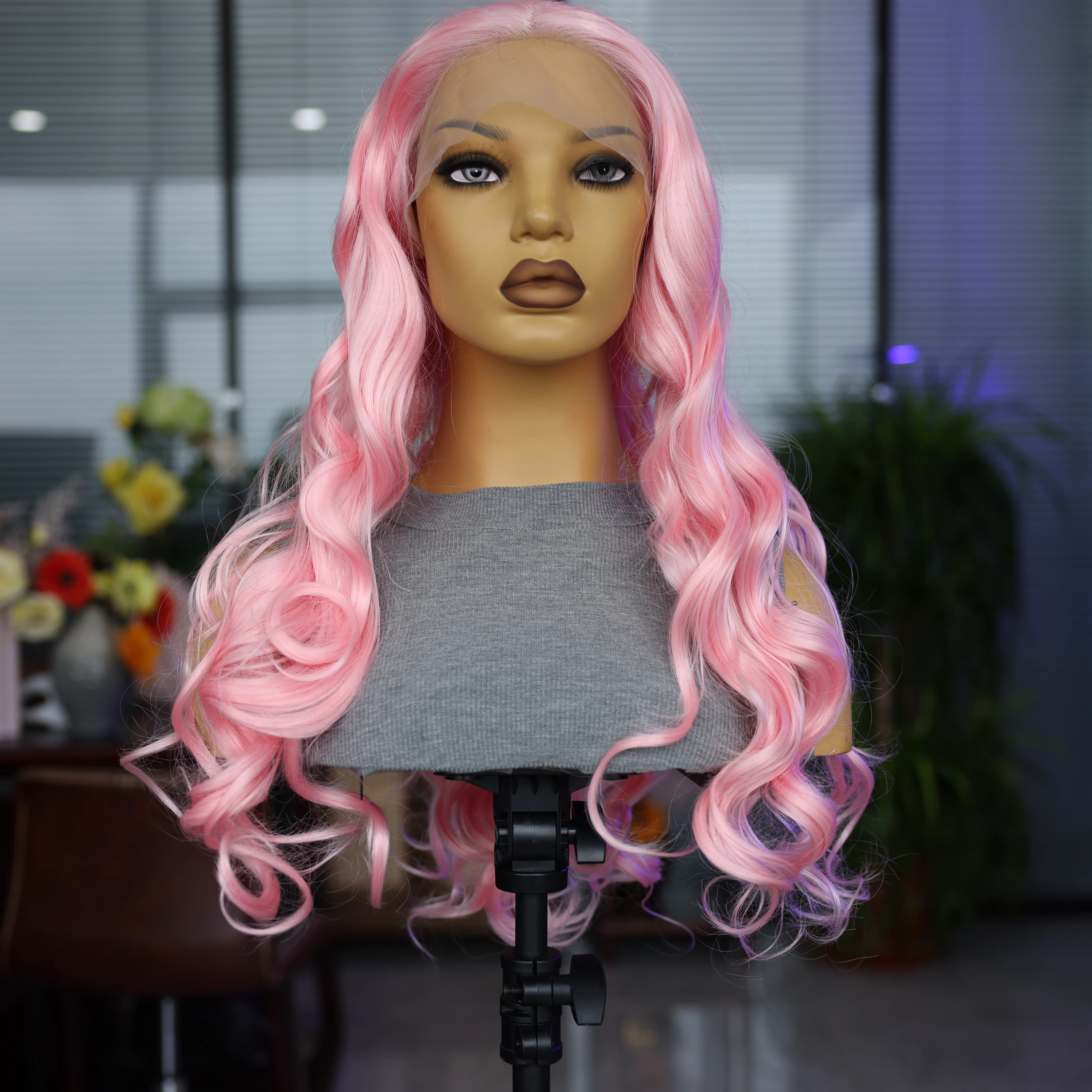 13*4 Body Wave Synthetic Pink Front Lace Wig High Quality Cosplay Travel Wig Natural Hairline Front Lace Mesh Cap Breathable