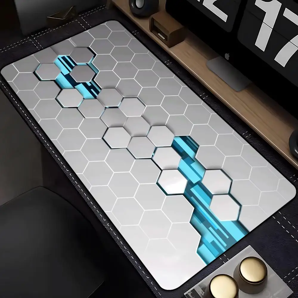 Large XXL Gaming Mouse Pad Desk Mat Keyboard Pad White Hexagon Hollow Blue Circuit Tech Print Cool Minimal Extended Big Mousepad