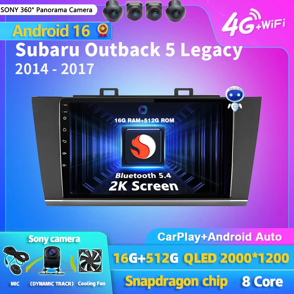 Android 16 Carplay Auto 2K Screen Car Radio BT Multimedia Player For Subaru Outback 5 Legacy 2014 - 2017 2din Autoradio Stereo