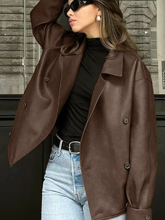 レディース ブラウン レザー ジャケット ヴィンテージ 冬用 ルーズフィット 肩丈コート ボタン装飾 ヨーロッパ風 スタイル ロング スリーブ PUレザー...