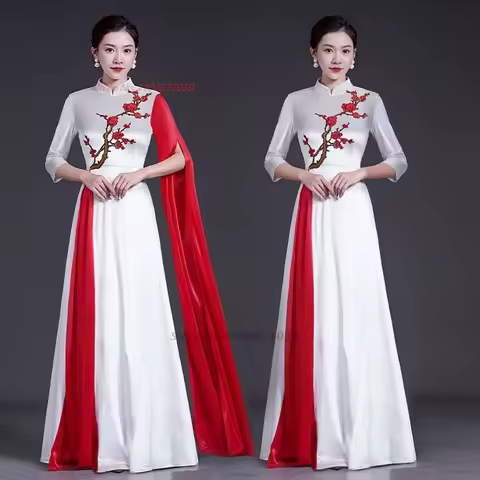 2026 chinese stage dress improved cheongsam elegant oriental banquet dress national flower embroidery cheongsam evening dress