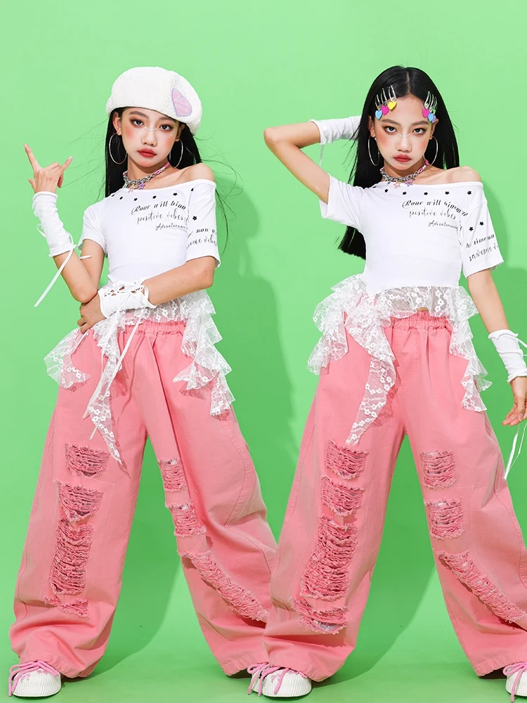 สาวแจ๊ส Hip Hop Dance เครื่องแต่งกายเสื้อลูกไม้สีขาวกางเกงสีชมพู Street Dance ชุดแขนสั้นประสิทธิภาพเสื้อผ้าชุด BL16720