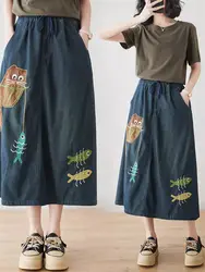 High Waisted Denim Skirt for Women Slim Literary Artistic Retro Embroidery Leisure Spring SummerA-Line Skirt Midi K255