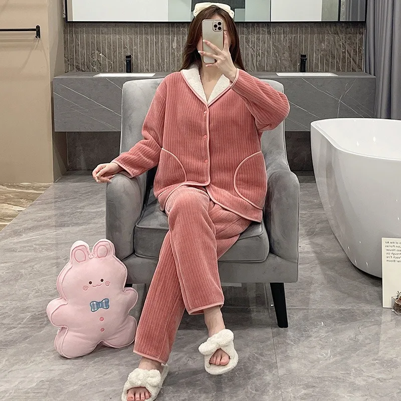 

Red Winter Woman Soft Pajama Loungewear Flannel Pyjamas High-End Free Shipping Warm Nightwear Clothes Lady 2 pieces Nightie