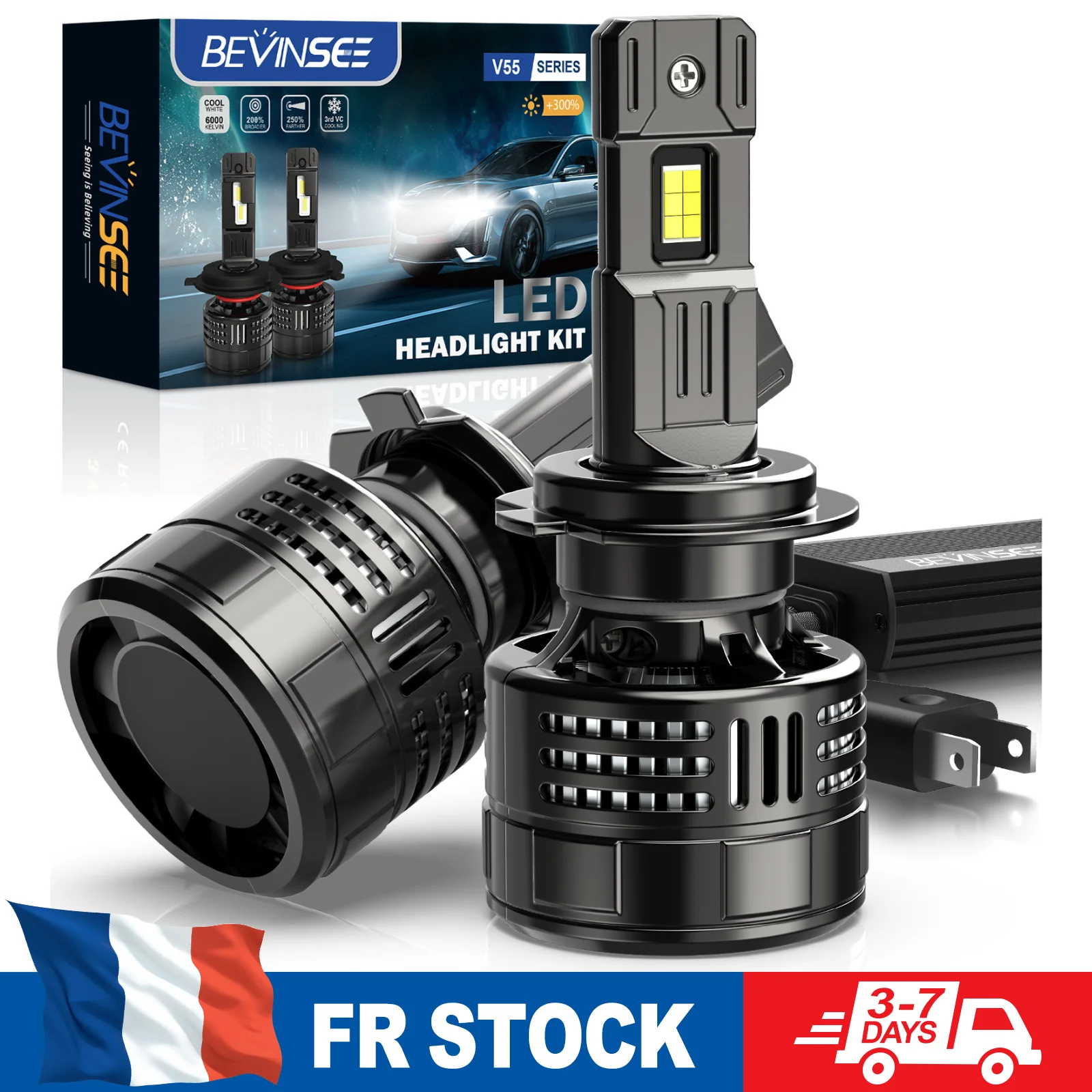 BEVINSEE H7 LED-Glühbirnen Hochleistung 150W 28000LM Superhell CANBUS 9005 HB3 LED-Autonebelscheinwerfer für Fahrzeuge Turbofan 6000K Weiß 12V