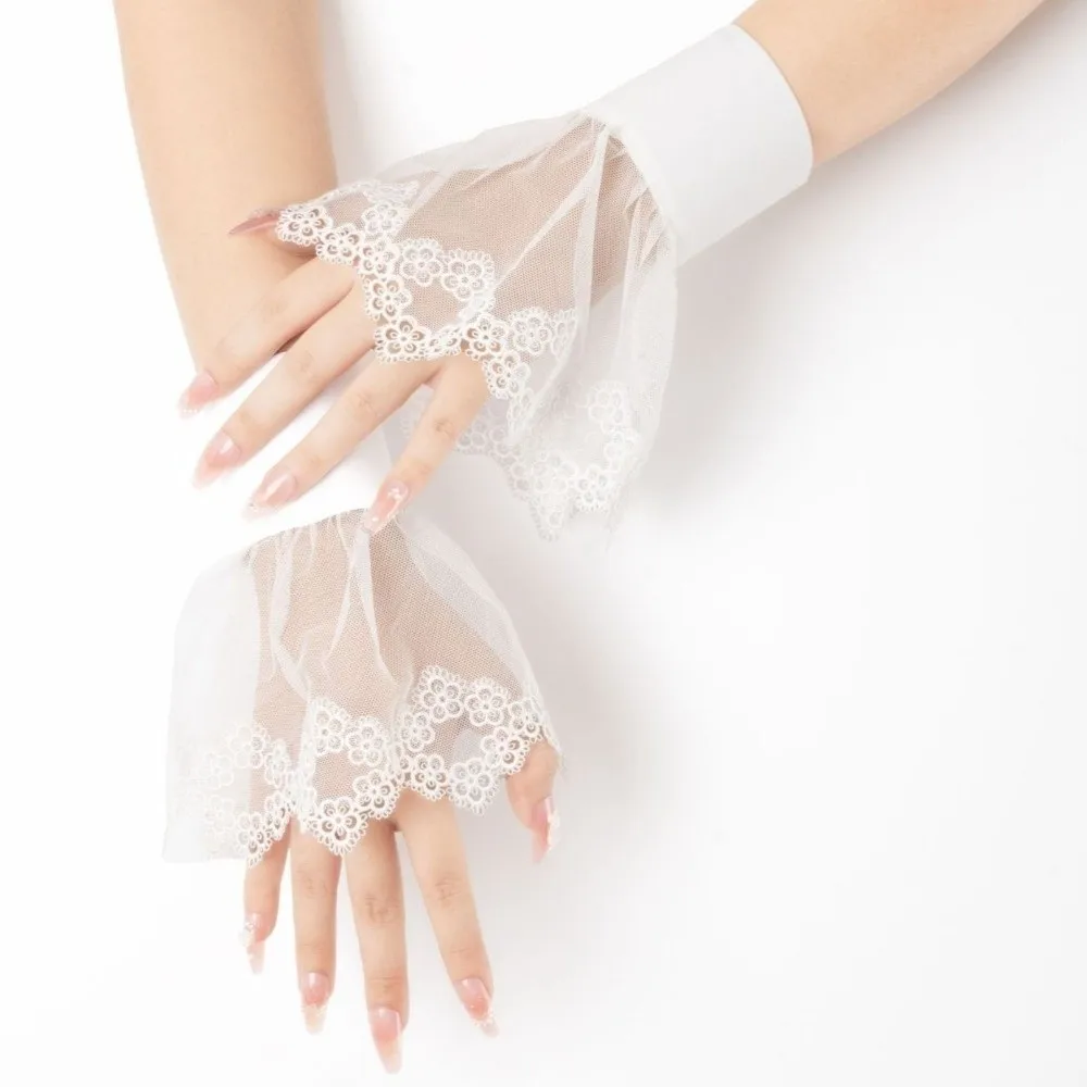 Elegant Lace False Cuffs Pleated Flare Embroidery Detachable Fake Sleeves White Floral Elastic Wrist Bridal Accessories
