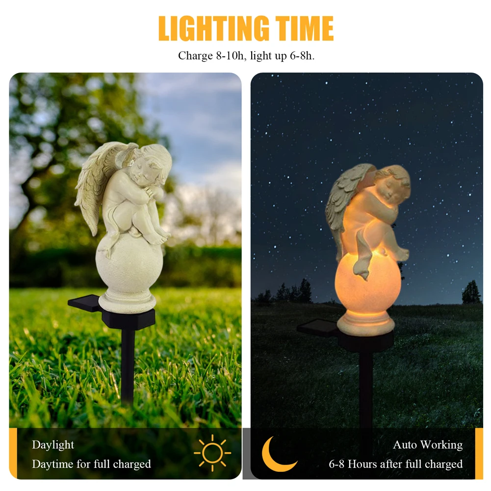 Solar Ground Plug Light Crafts Resin Angel Lawn Decorative Light Lighting Ornament IP55 Waterproof Home Decor for Lawn Garden