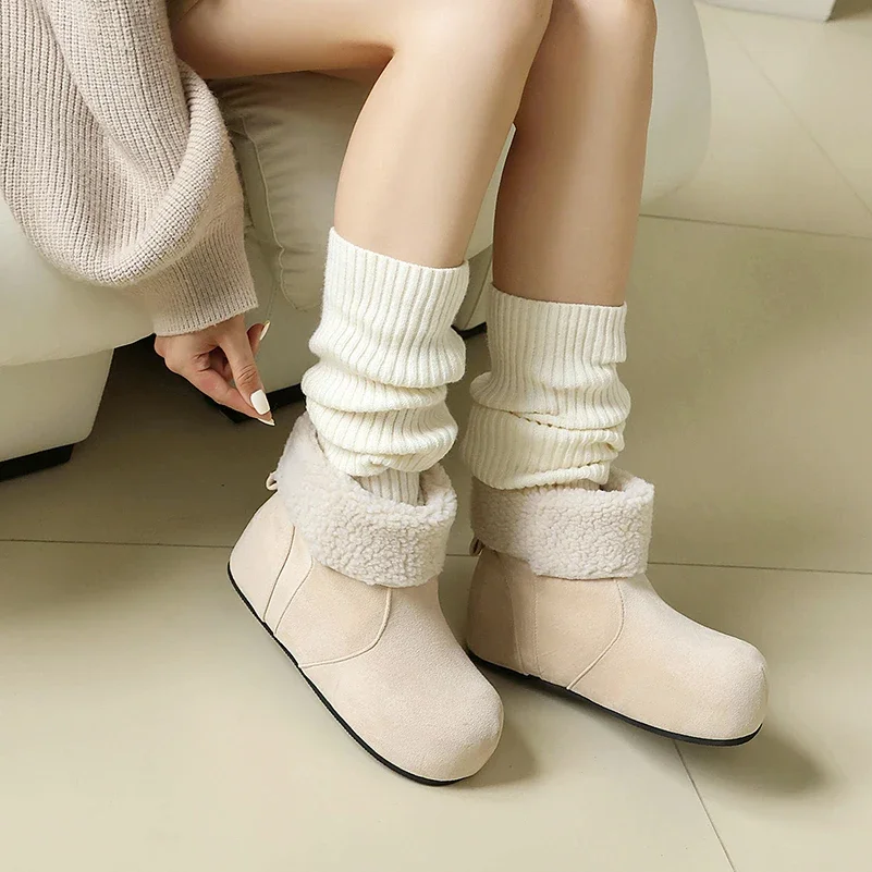 Plus Size Women Platform Snow Boots, Fold Over Cuff Two Ways Wear Warm Mid Calf Winter Boots, Flat Height Increasing Suede Boots